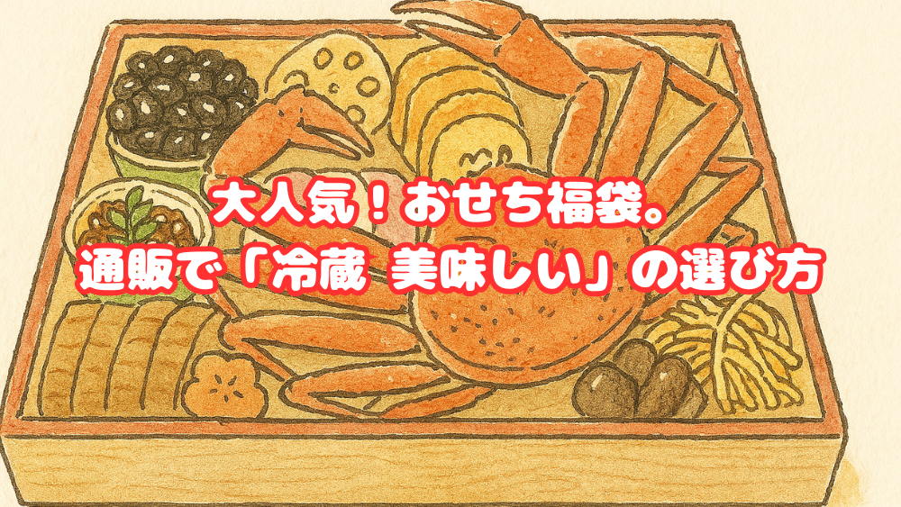 おせちのイラストにタイトルが書かれた画像。